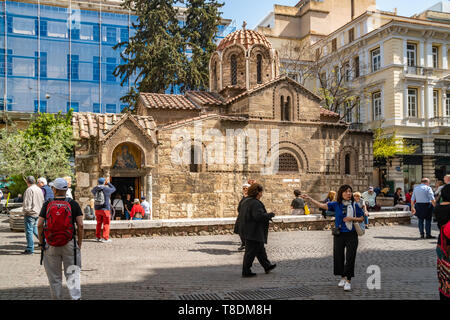 Athens, Greece - 26.04.2019: The Church of Panagia Kapnikarea, the oldest church in Athens, located in the shopping district on Ermou Street Stock Photo