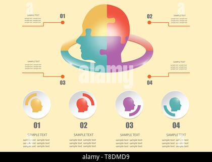 Modern infographic of puzzle head divided into four sections in the center of vector and four numbered heads on white round labels ready for your text Stock Vector