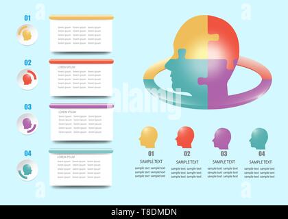 Modern infographic of puzzle head with four color numbered heads ready for your text under the head. Four rectangle labels ready for your text are in  Stock Vector