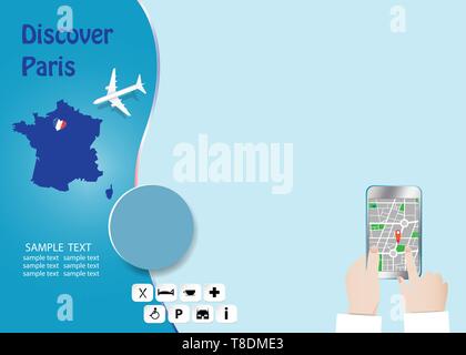 Discover Paris concept with plane flying over map of France. Tourist hands are holding a smart phone showing city map in the empty right side of the v Stock Vector