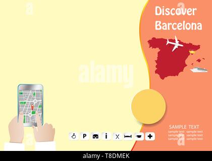 Discover Barcelona concept  template. Tourist hands are holding a smart phone showing city map in the empty left side of the vector. All potential tra Stock Vector