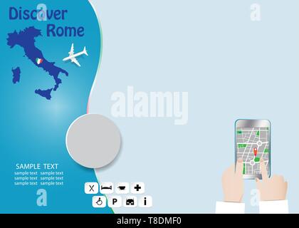 Discover Rome concept with plane flying over map of Italy. Tourist hands are holding a smart phone showing city map in the empty right side of the vec Stock Vector