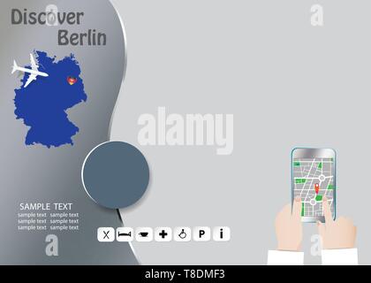 Discover Berlin concept with plane flying over map of Germany. Tourist hands are holding a smart phone showing city map in the empty right side of the Stock Vector