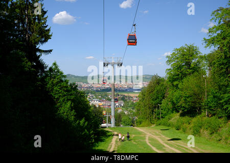 Maribor, Slovenia - May 2, 2019: Pohorska vzpenjaca cable car at lower station in Maribor, Slovenia, a popular destination for hiking and downhill Stock Photo