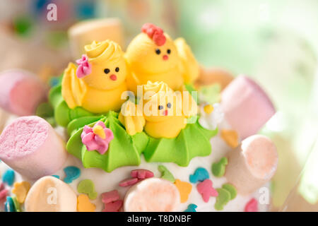 Beautifully decorated traditional Easter cakes on the eve of the celebration of Easter. Closeup photo. Stock Photo