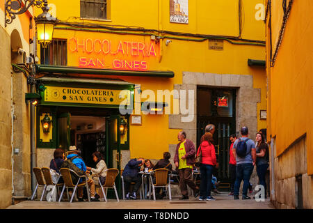 Chocolateria San Gines famous chocolate drink, churros and coffee. Madrid city. Spain, Europe Stock Photo