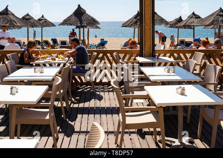 Terrace of a chiringuito bar on the beach of La Cala. Mijas coast. Costa del Sol, Málaga province. Andalusia, Southern Spain. Europe Stock Photo