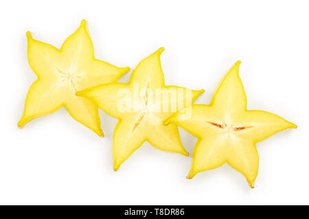 Carambola or star-fruit slice isolated on white background. Top view. Flat lay Stock Photo