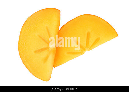 slice of Persimmon fruit isolated on white background close-up, Top view. Flat lay Stock Photo