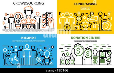 Crowdfunding idea banner set, outline style Stock Vector