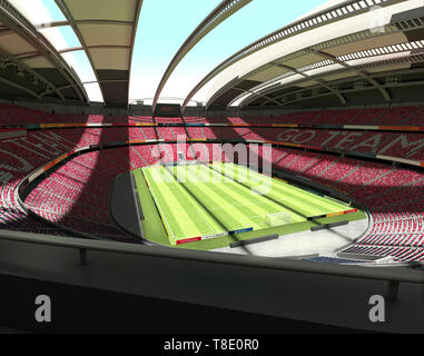 Panorama view of an empty, large 40.000 seats capacity, soccer stadium layered in 3 levels, on a beautiful sunny day, 3d render Stock Photo