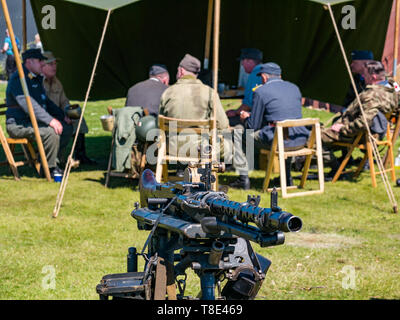 Museum of Flight, East Fortune, East Lothian, Scotland, UK 12th May, 2019. Wartime Experience: A family day out with all things related to the World Wars including a replica of a second world war German army  camp and military equipment with a machine gun Stock Photo