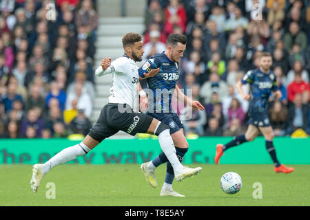Derby, UK. 11th May, 2019. Jack Harrison of Leeds United and Jayden Bogle of Derby County battle during the SkyBet Championship playoff semi final match between Derby County and Leeds United at the Pride Park, Derby on Saturday 11th May 2019. (Credit: Pat Scaasi | MI News) Editorial use only, license required for commercial use. No use in betting, games or a single club/league/player publications. Photograph may only be used for newspaper and/or magazine editorial purposes. Credit: MI News & Sport /Alamy Live News Stock Photo