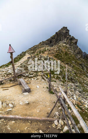 Mountain pass, benches and wooden fences. High Tatras. Slovakia Stock Photo
