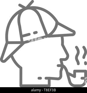 Detective, Sherlock Holmes with smoking pipe line icon. Stock Vector