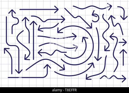 Big set of hand drawn vector arrows on a in grid paper background. Stock Vector