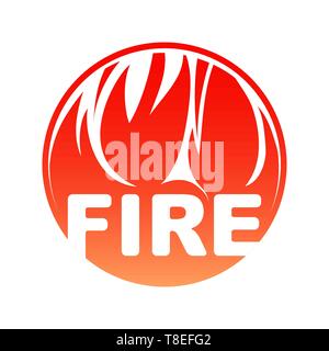Round fire logo, red circle flaming design with text. Stock Vector