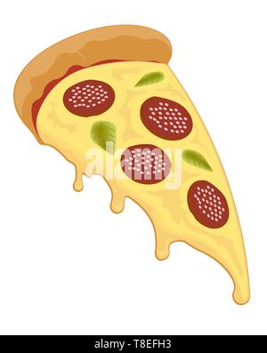 Slice of pizza with drips of cheese, salami and leaves of basil. Stock Vector