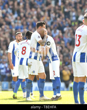 An emotional Bruno Saltor (right)  hands over the captains armband to Lewis Dunk as he is substituted during the Premier League match between Brighton & Hove Albion and Manchester City  at the American Express Community Stadium 12 May 2019 Photo Simon Dack/Telephoto Images  Editorial use only. No merchandising. For Football images FA and Premier League restrictions apply inc. no internet/mobile usage without FAPL license - for details contact Football Dataco