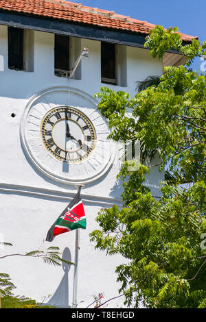 Clock tower of the Fort Jesus Museum Library on a sunny afternoon, Mombasa old town, Kenya Stock Photo