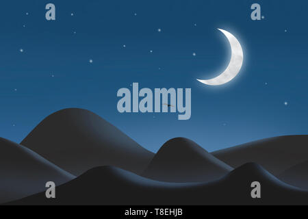 Night landscape with silhouette mountains and crescent moon. Stock Photo