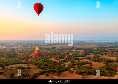 View of the Dhammayazika Pagoda from a hot air balloon flying over Bagan, Myanmar Stock Photo