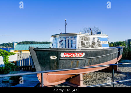 Persephone, salvage boat from CBC tv series The Beachcombers, Gibsons, Sunshine Coast, British Columbia, Canada Stock Photo