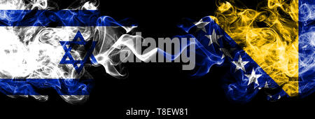 Israel vs Bosnia and Herzegovina, Bosnian smoky mystic flags placed side by side. Thick colored silky smokes flag of Israel and Bosnia and Herzegovina Stock Photo