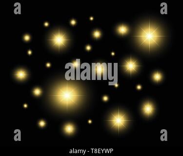 Glitter effect with black isolated background. Gold magic shine decorative elements. Stock Vector