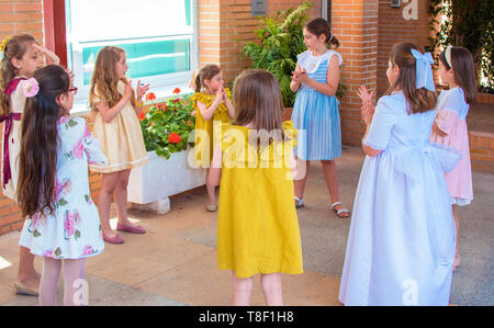 Murcia, Spain, May 12, 2019: Birthday party with friends. Little girls celebrate special dates. Familiar gather in communion. Child, children, kid, kids. Stock Photo