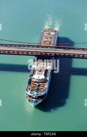 France, Ardeche, Viviers, bridge on the Rhone, cruise ship (aerial view) Stock Photo