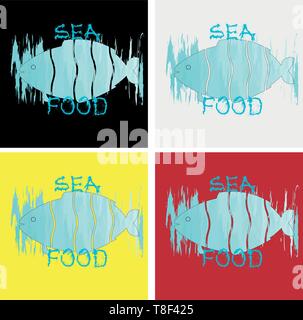 logo of sea food from cut fish on the background of strokes of watercolor of the color of sea water Stock Vector