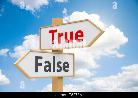 Road sign with text - true and false - on white background represents dilemma concept, three-dimensional rendering, 3D illustration Stock Photo