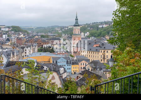 Greiz, Germany - May 12, 2019: View of the city of Greiz with the Stadtkirche St. Marien, Germany. Stock Photo