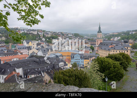 Greiz, Germany - May 12, 2019: View of the city of Greiz with the Stadtkirche St. Marien, Germany. Stock Photo