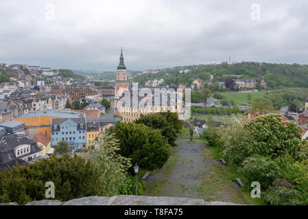 Greiz, Germany - May 12, 2019: View of the city of Greiz with the Stadtkirche St. Marien, Germany. Stock Photo