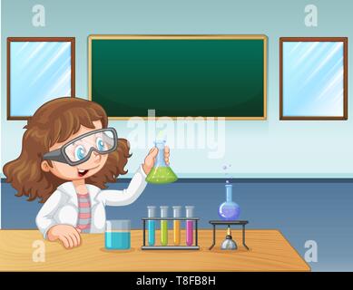 Girl scientist and student in chemistry laboratory. Vector illustration ...