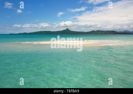 France, Mayotte island (French overseas department), Grande Terre, M'Tsamoudou, islet of white sand on the coral reef in the lagoon facing Saziley Point Stock Photo