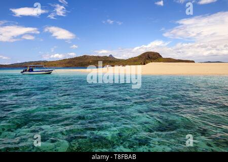 France, Mayotte island (French overseas department), Grande Terre, M'Tsamoudou, islet of white sand on the coral reef in the lagoon facing Saziley Point Stock Photo