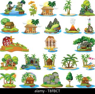 Set of house on isolated island illustration Stock Vector