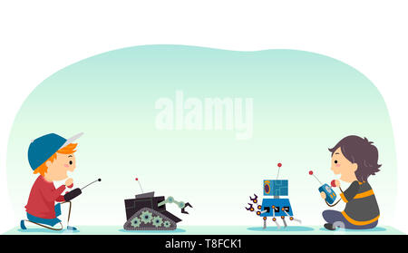 Illustration of Stickman Kids Playing with Their Robots as a Game Challenge Stock Photo