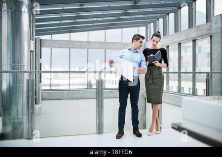 Two young architects with blueprints standing in office, talking. Stock Photo