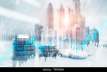 Stock trading candlestick chart and diagrams. Abstract double exposure finance background. Stock Photo