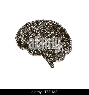 Human brain with round messy doodle hatching, stress concept on white Stock Vector