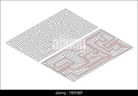 Rectangular maze of medium complexity in isometric view isolated on white and solution with red path Stock Vector