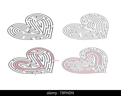 Two complicated mazes in heart shape, labyrinths with red path solutions in isometric view isolated on white Stock Vector