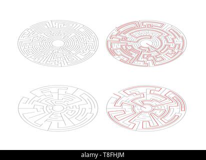 Two round mazes of medium complexity in isometric view isolated on white and solution with red paths Stock Vector