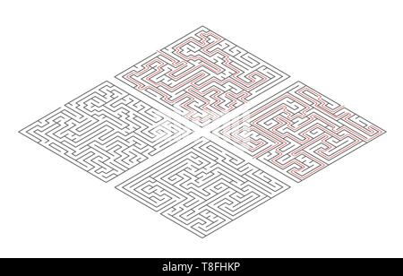 Two different mazes of medium complexity in isometric view isolated on white and solution with red paths Stock Vector