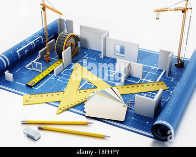 House construction project with rulers, tape measure, pencils and color cartela. 3D illustration. Stock Photo