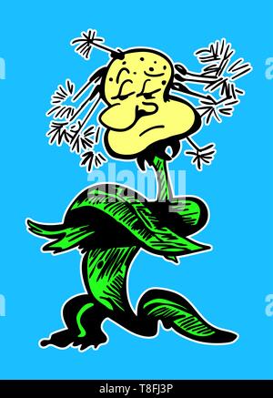 Sketch of a dandelion. Cartoon character. Angry flower for poster. Black contour on a blue background. Card, print on clothes, badge, logo or sticker Stock Vector
